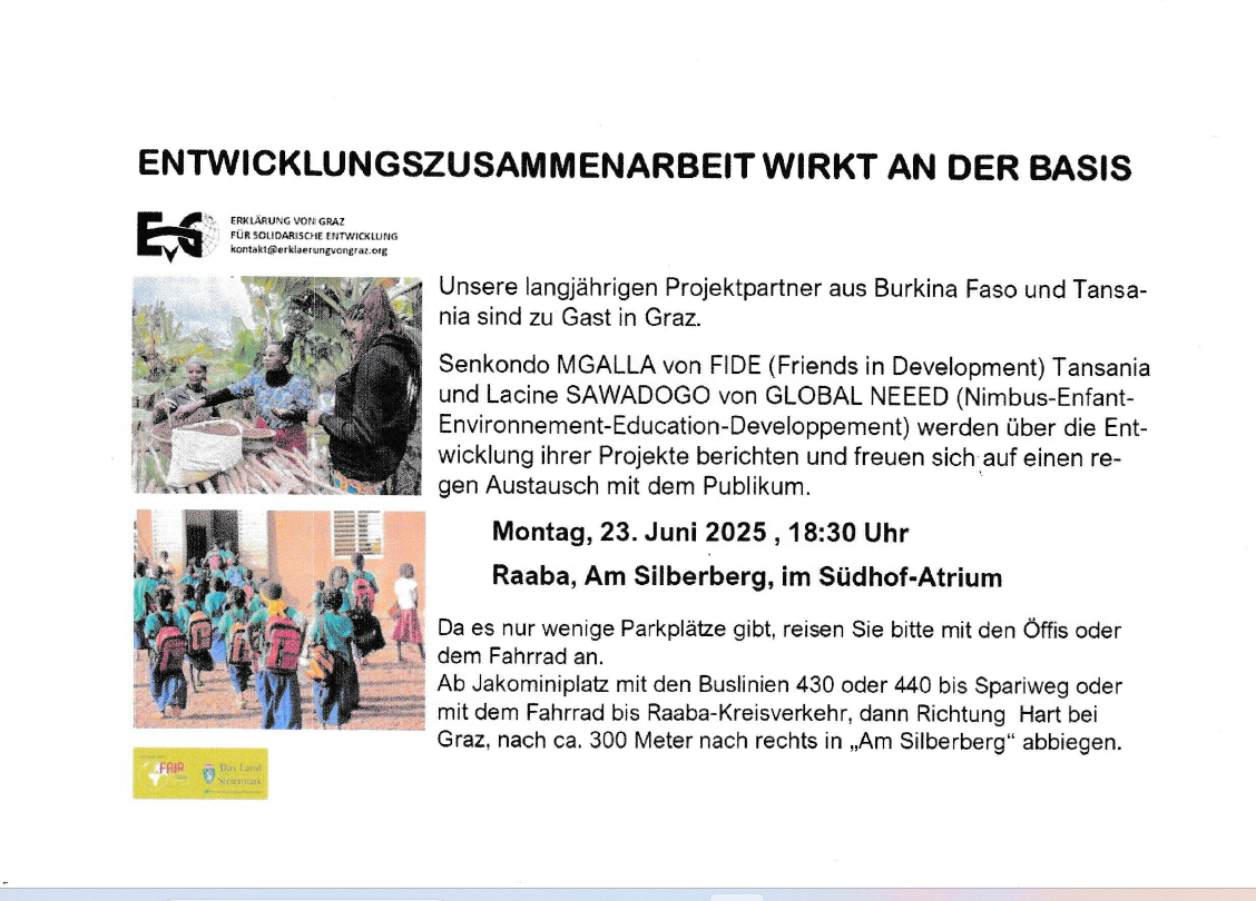Einladung zu einem Informationsabend mit Projektpartnern aus Burkina Faso und Tansania.